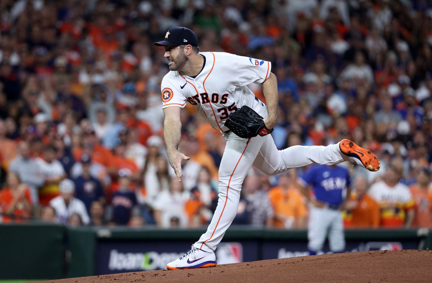 Oct 15, 2023; Houston, Texas, USA; Houston Astros pitcher Justin Verlander (35) throws during the first inning of game one of the ALCS against the Texas Rangers in the 2023 MLB playoffs at Minute Maid Park. Mandatory Credit: Troy Taormina-USA TODAY Sports  